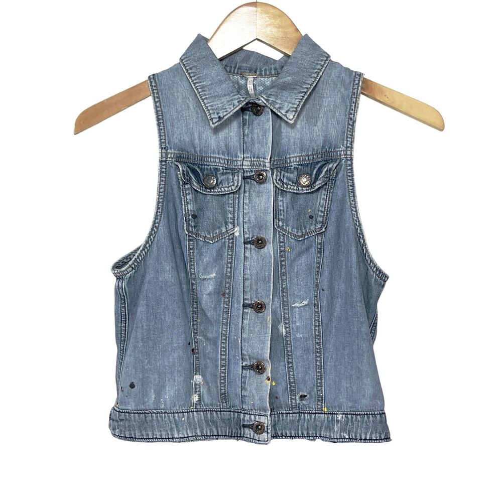 FREE PEOPLE Women’s Distressed Paint Splattered Button up Denim Vest